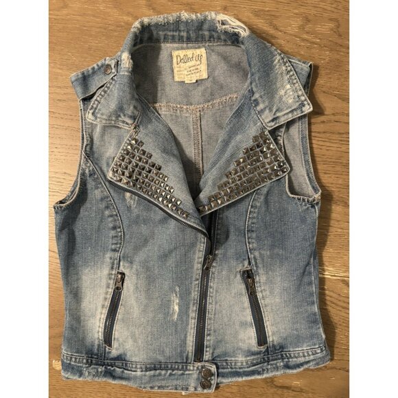 Dolled Up Women Medium Studded Zip Jean Vest 80s 90s Y2k Punk Skater Emo Moto - Picture 1 of 9